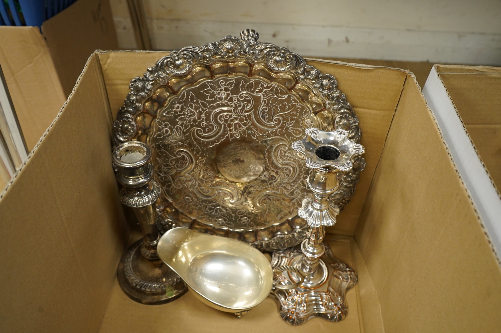 A pair of George III Old Sheffield plate candlesticks Mappin & Webb tea service